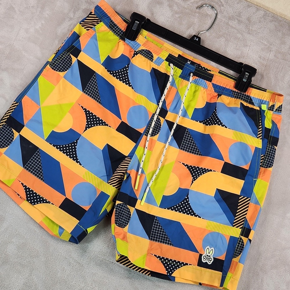 Psycho Bunny Swim Trunks Mens Large Multicolor Geo Print Lined Drawstring Beach